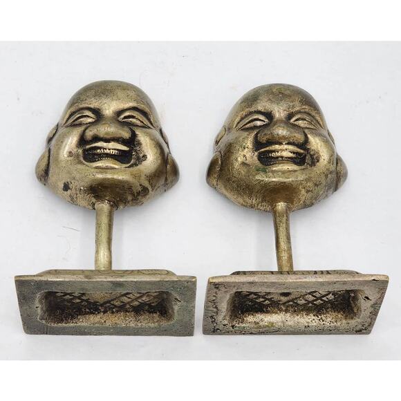 Laughing Buddha Pair Statue Figurines Brass Asian On Miniature Stand 3.5" - Picture 2 of 10